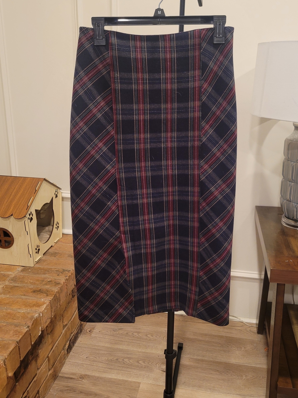 Free People Navy Plaid Pencil Midi Skirt with Red Accents